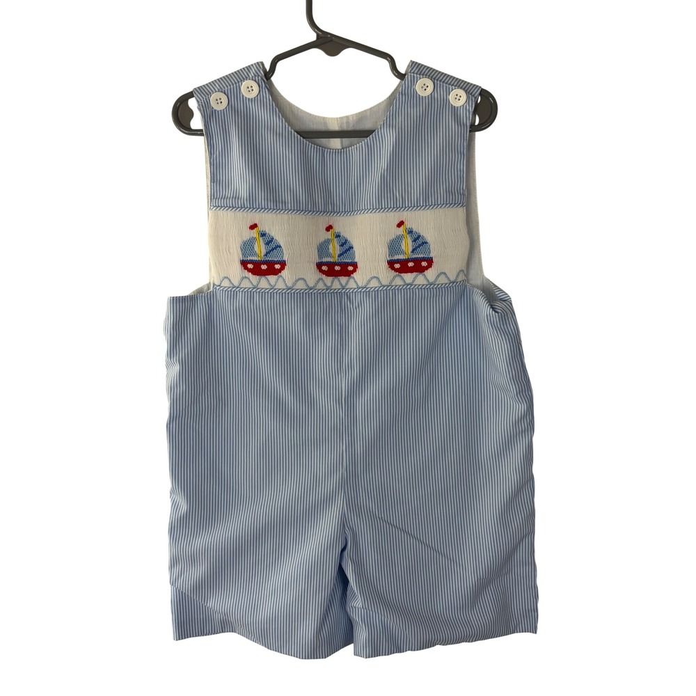 Remember Nguyen Boys Smocked Sailboat Pinstripe Romper Blue White 4T Nautical